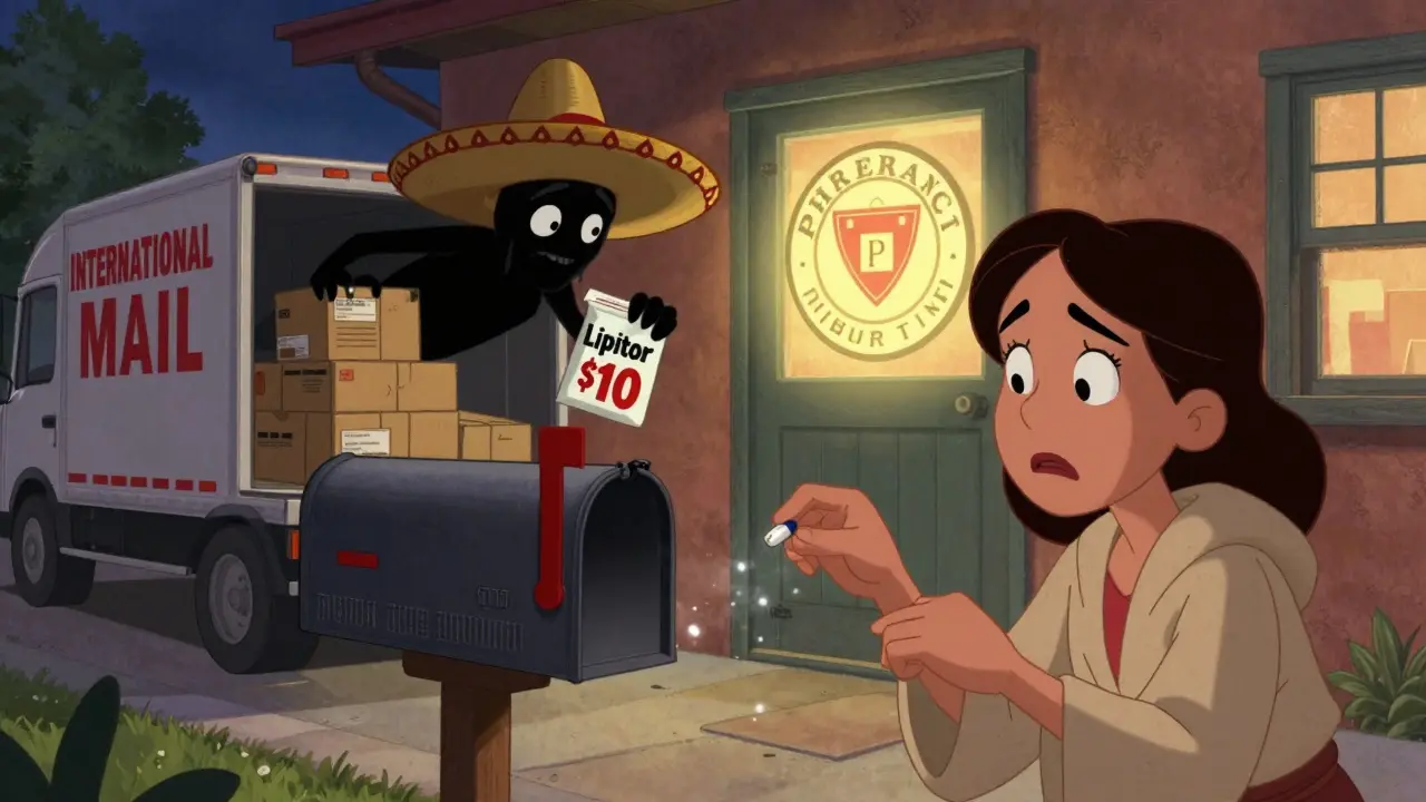 A woman catches a fake medicine package delivered by mail, spotting a suspicious pill imprint.