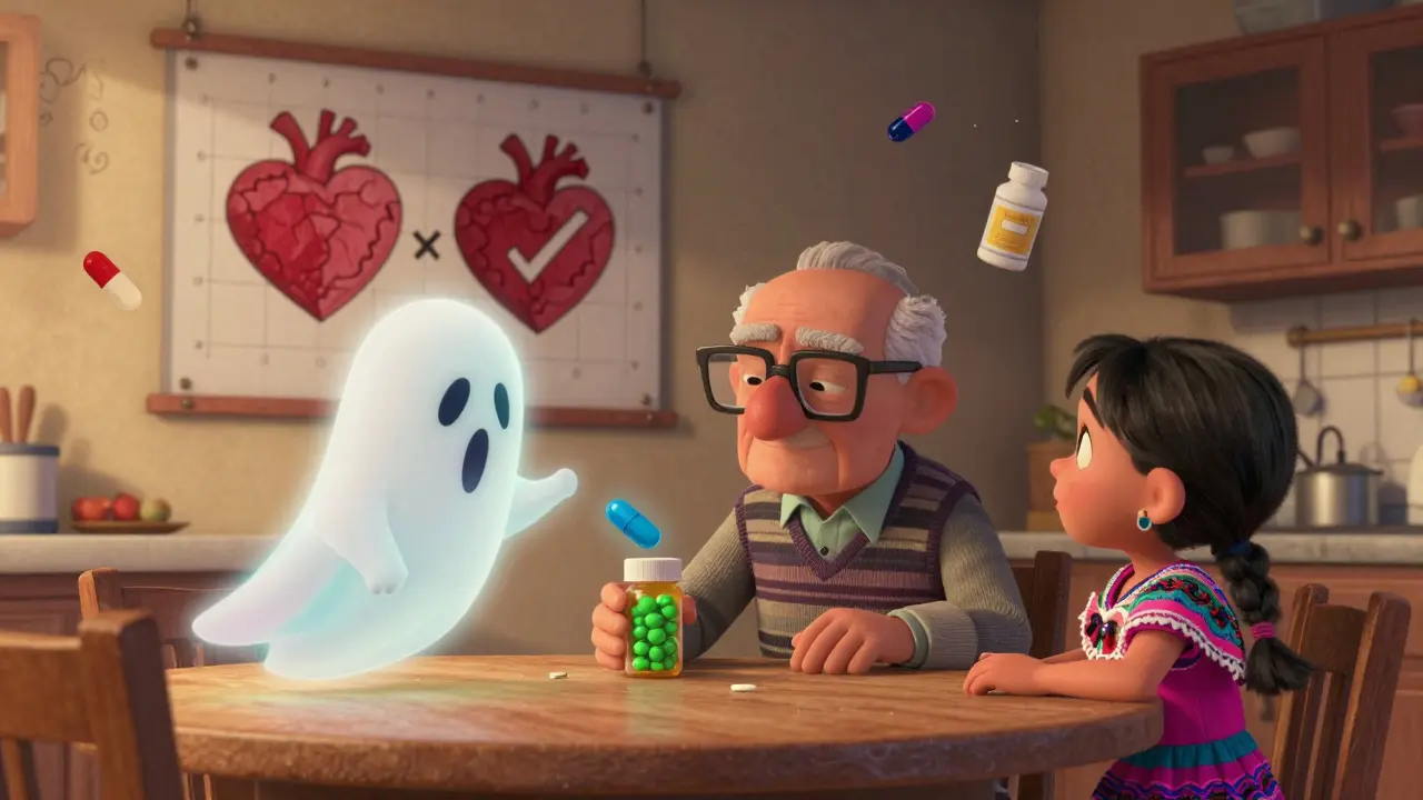 An elderly man and his granddaughter look at a chart showing two identical hearts beside different-colored pills.
