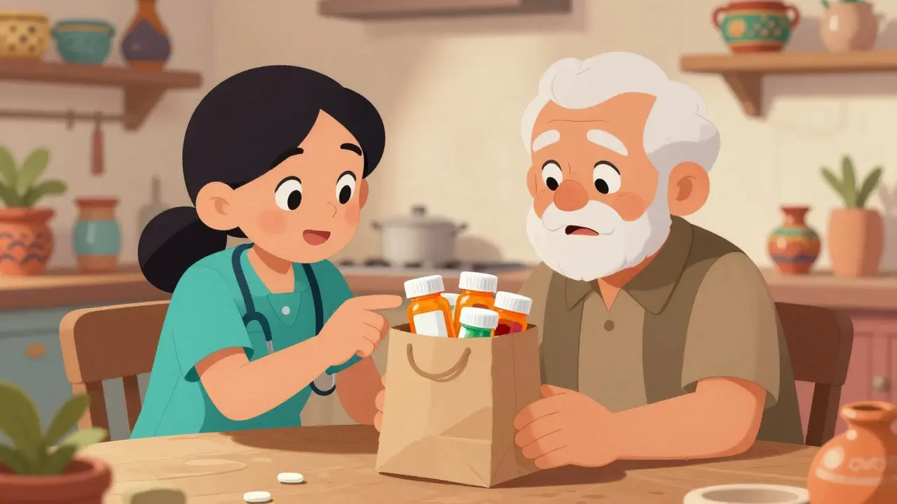 Caregiver and senior reviewing medication bottles together at a table.