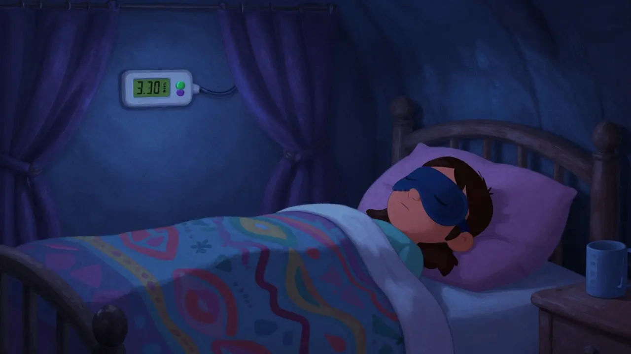 Cozy bedroom with blackout curtains and cool temperature reading