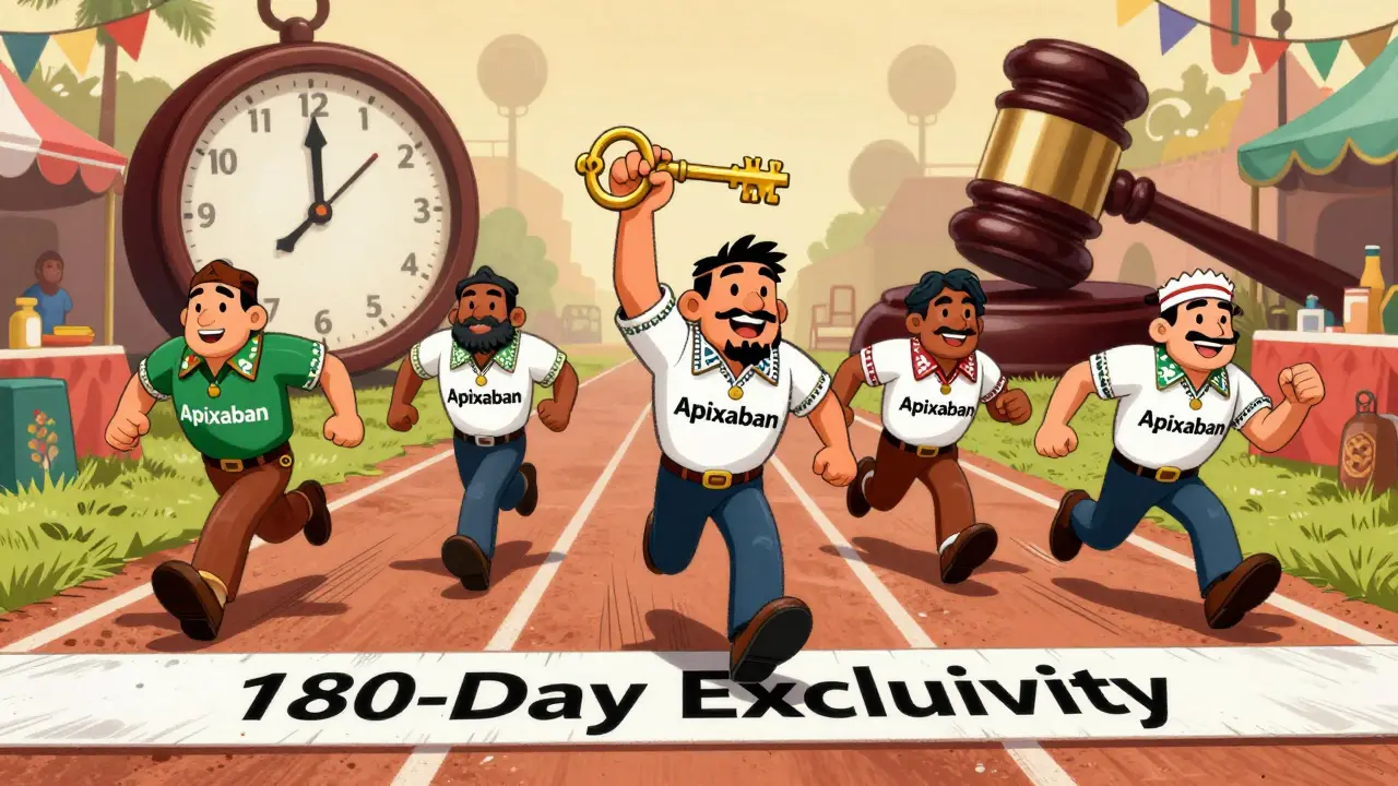 Five generic drug companies race for exclusivity under a ticking clock, with legal gavels looming in a vibrant market setting.