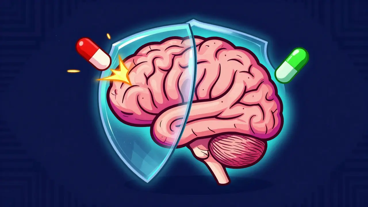 Illustration of a brain shield blocking safe pills while letting dangerous ones through.