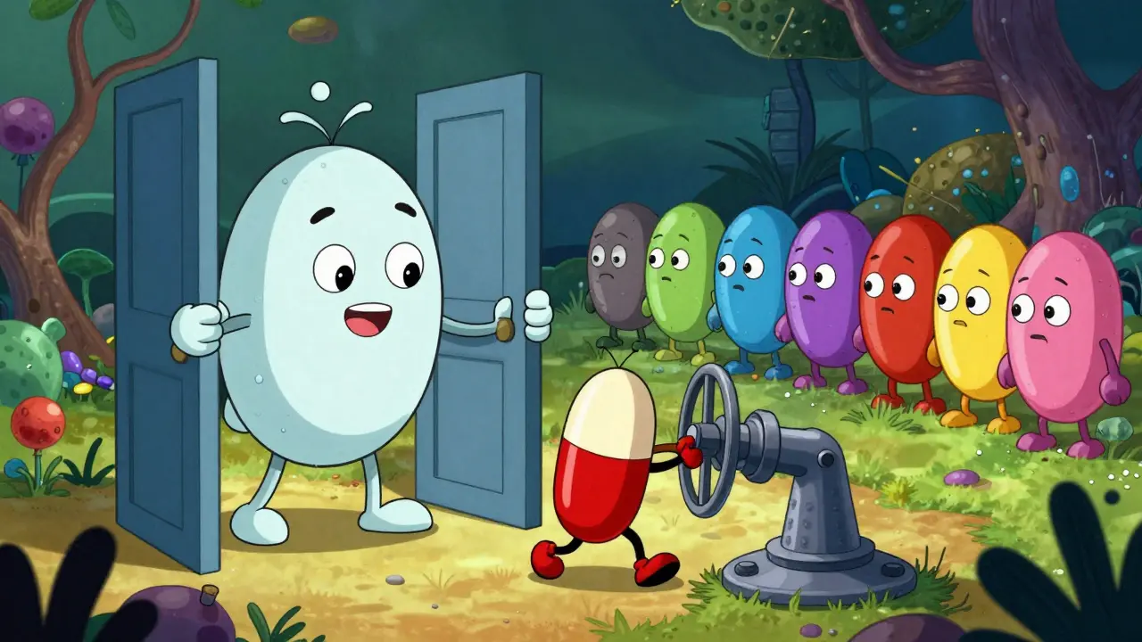 Microscopic scene where a booster blocks an enzyme gate stopping pills