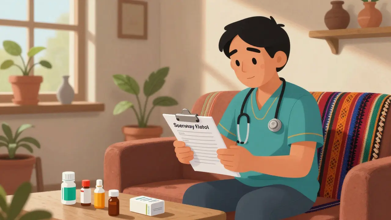 Patient checking medication boxes at a table with traditional decor