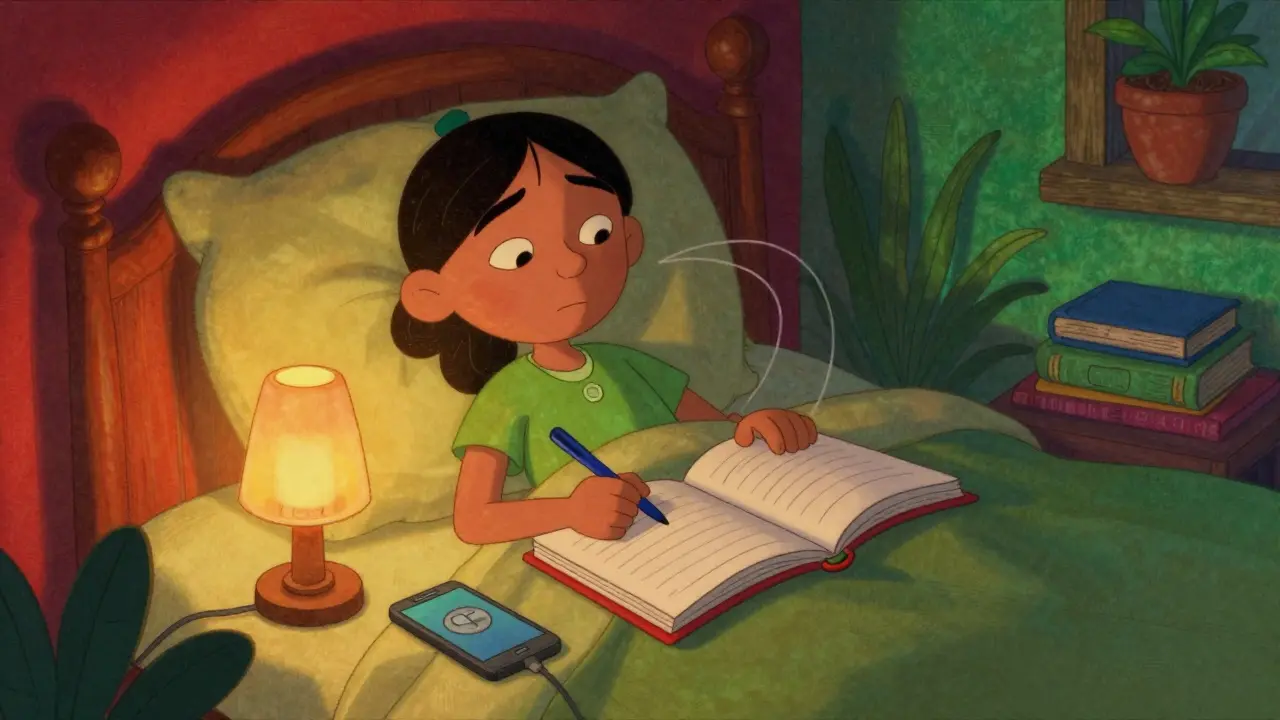 Person writing in a journal before sleep with phone aside