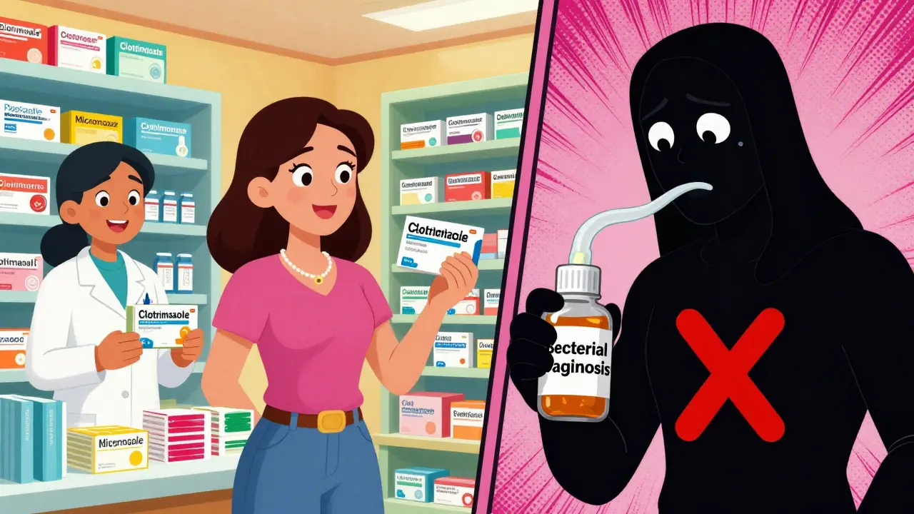 Woman choosing OTC yeast treatment in colorful pharmacy while a misdiagnosed condition is crossed out.