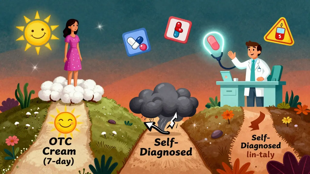 Woman on a hill of discharge facing three paths representing treatment, misdiagnosis, and medical care.