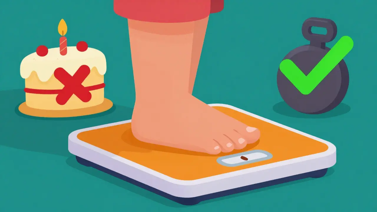 A child's foot on a scale with symbols favoring weight over age.