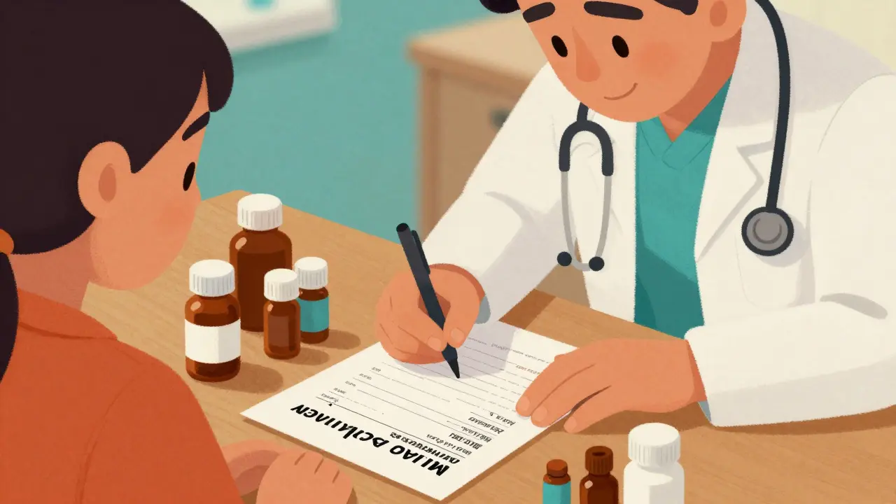 A doctor and patient reviewing a medication plan and prescription bottles together.