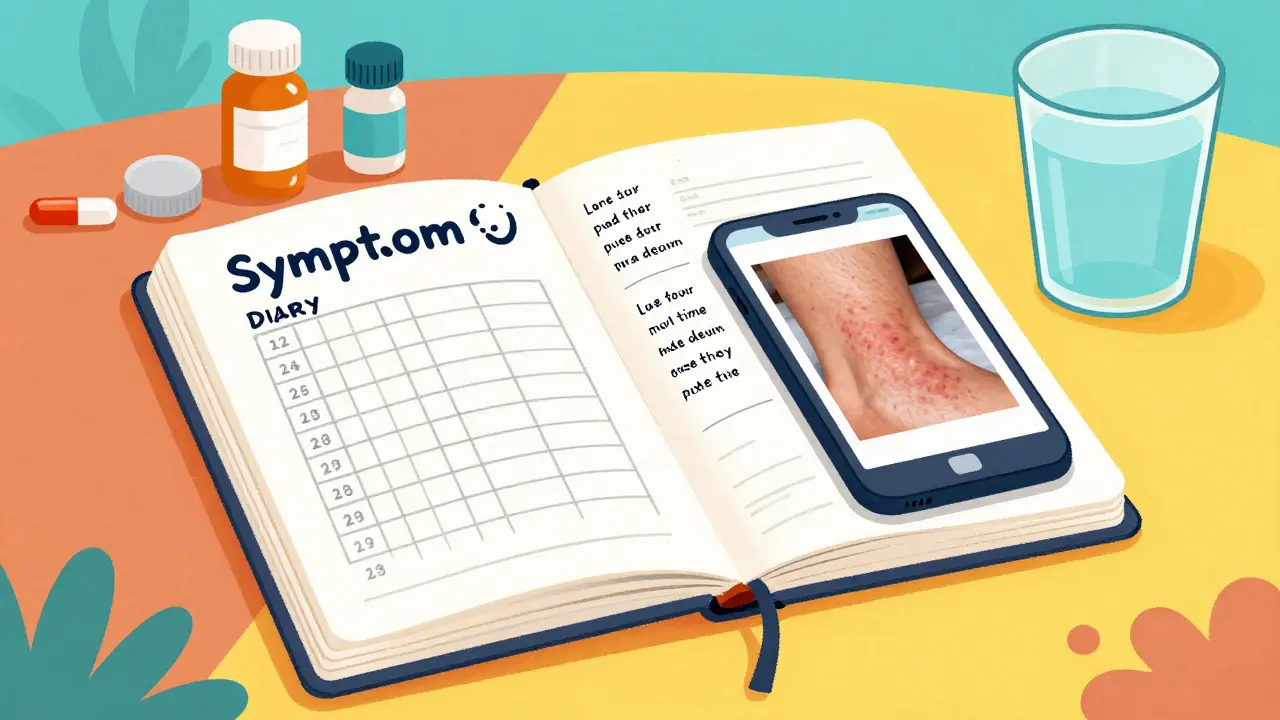 A medication diary and smartphone with photos of a side effect on a colorful table