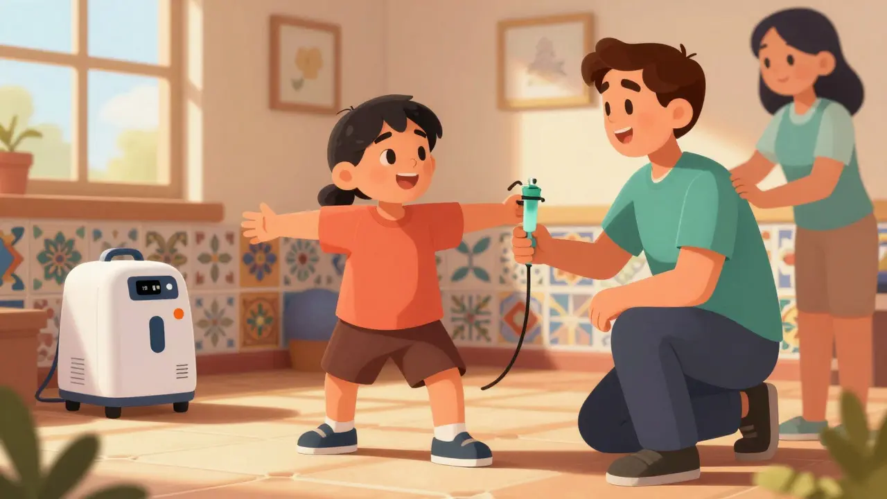 A patient performing pulmonary rehabilitation exercises with a therapist and oxygen equipment.