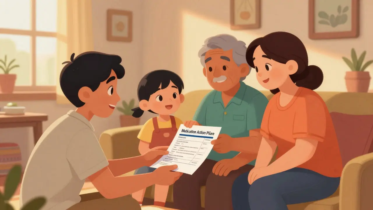 A patient sharing their updated medication plan with family members in a cozy home.
