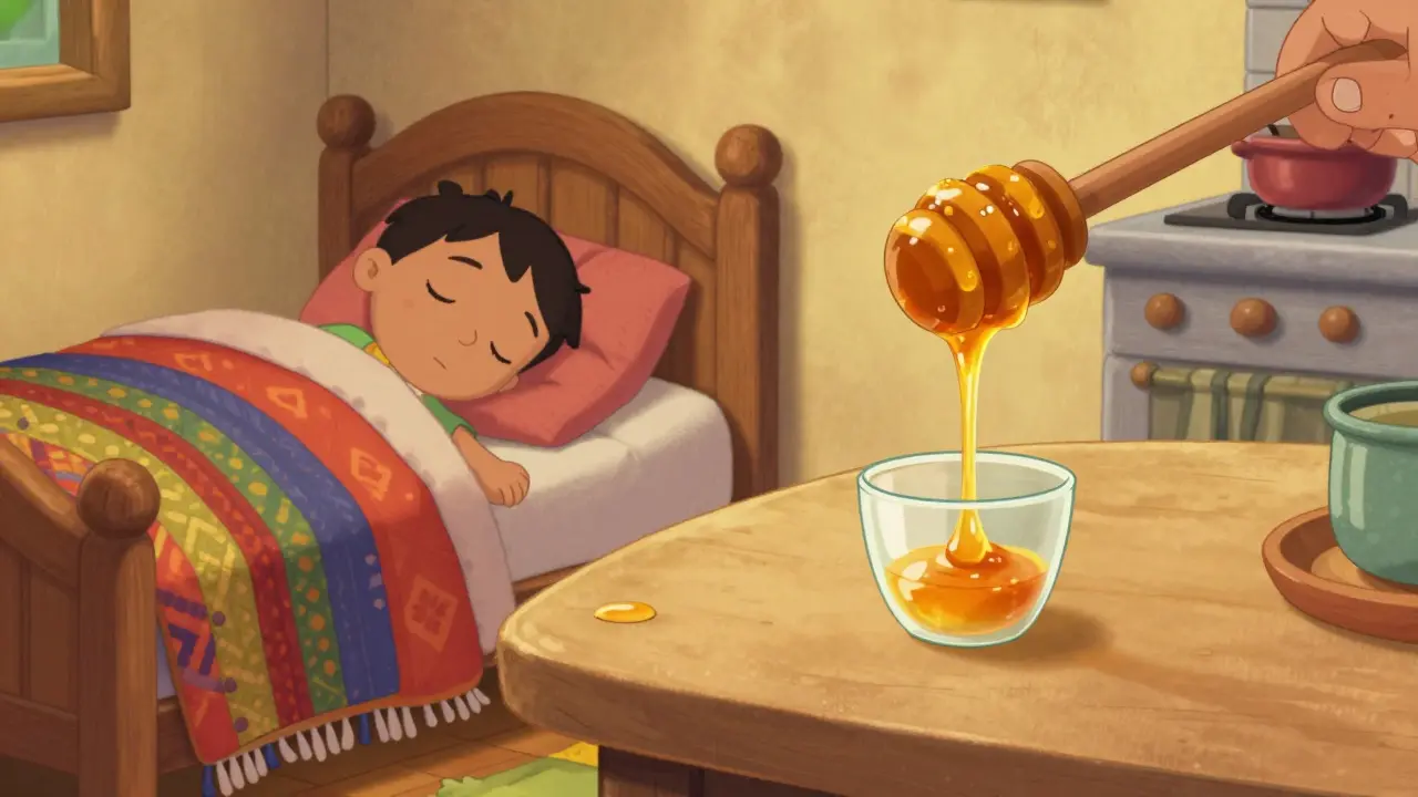 A wooden honey dipper with golden honey next to a resting child's bed