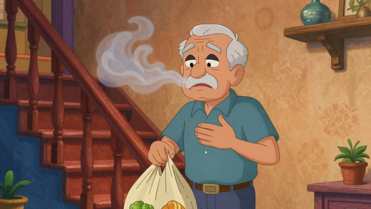 An elderly man feeling short of breath while carrying groceries at the foot of some stairs.