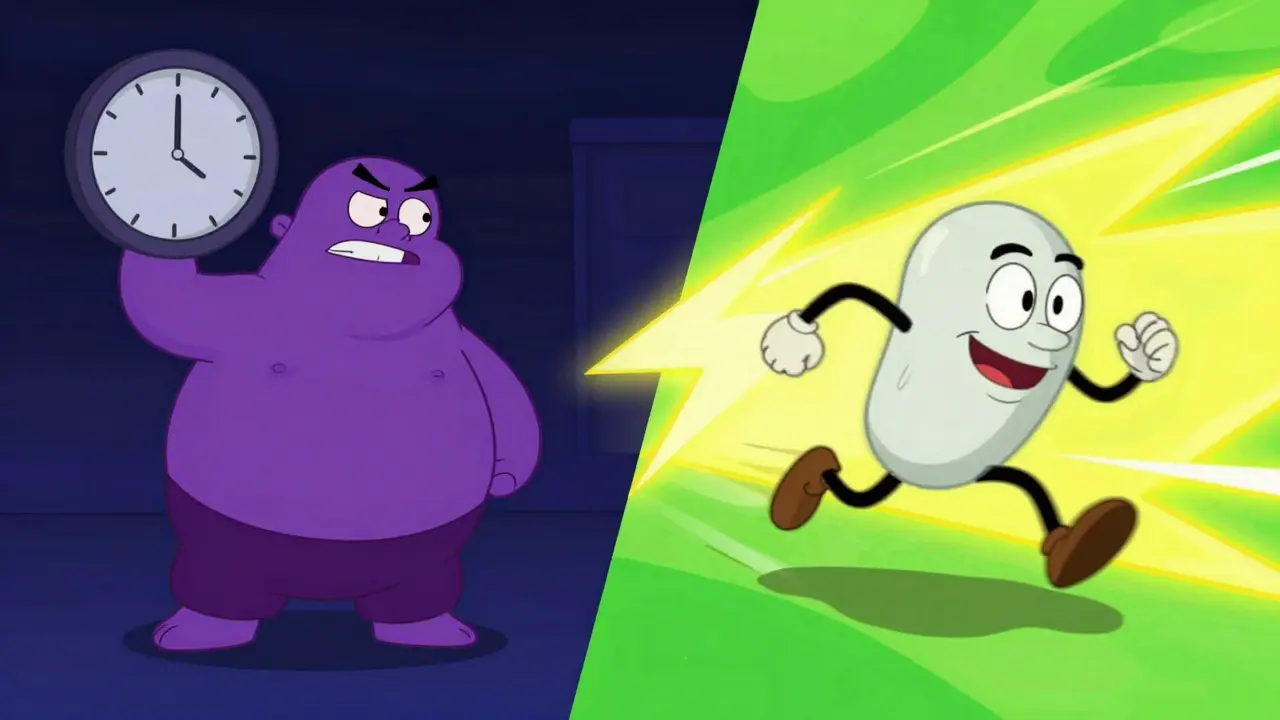 Animated comparison of a slow long-acting drug and a fast short-acting drug