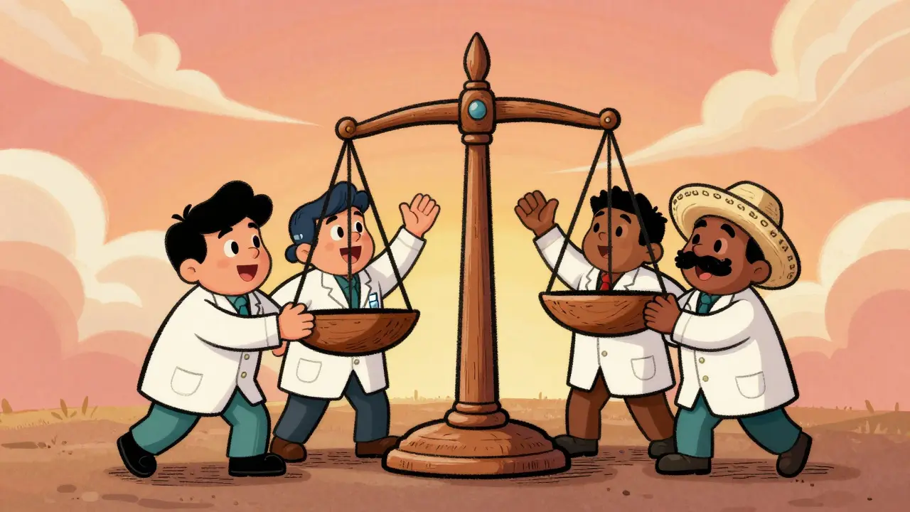 Cartoon pharmacists working together to reduce medication costs.