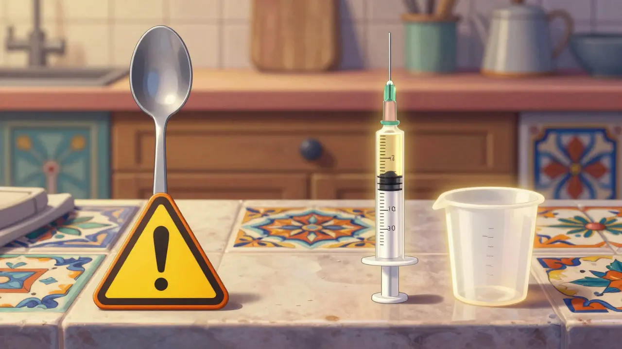 Comparison of a kitchen spoon and professional medical dosing tools.