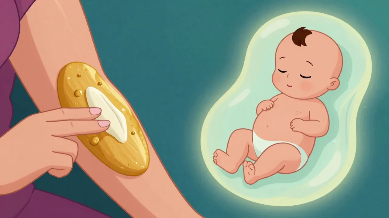 Conceptual art showing a skin barrier protecting a baby during pregnancy