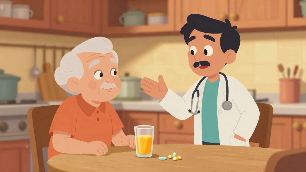 Elderly person with a doctor and orange juice for blood sugar safety
