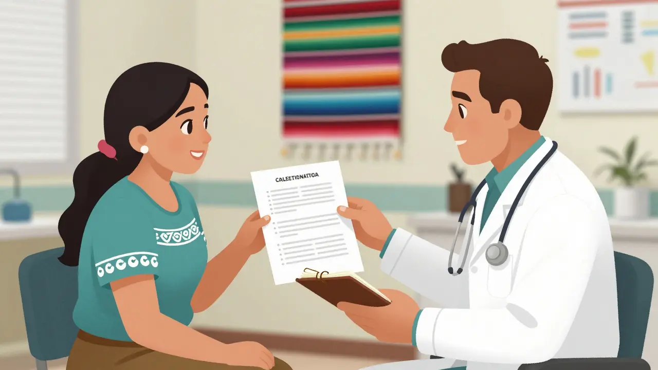Patient sharing detailed symptom notes with a doctor in a warm clinical office