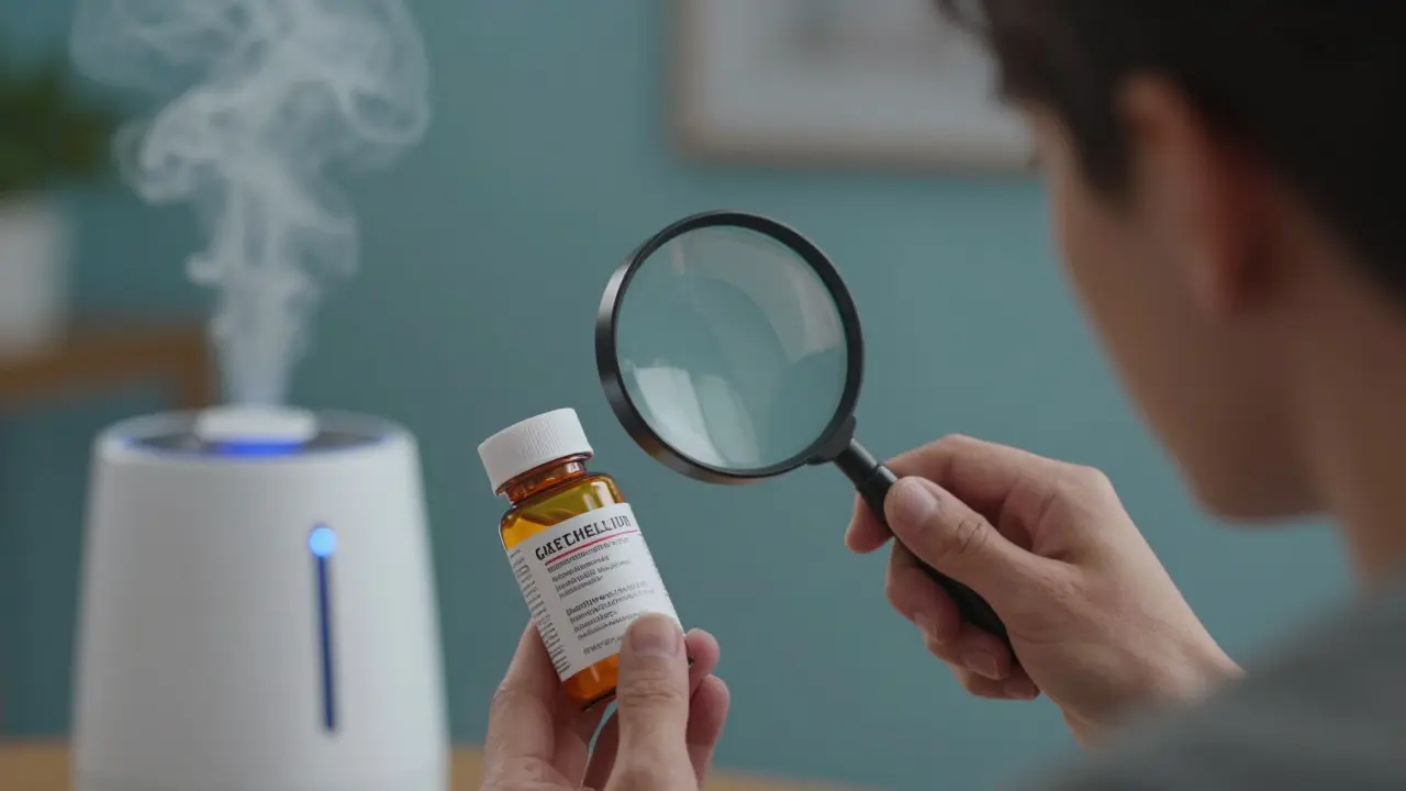 Person using a magnifying glass to read the active ingredients on a medicine label