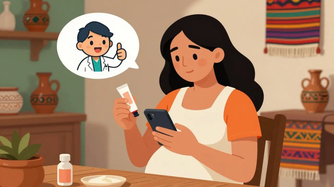 Pregnant woman researching safe creams with a supportive doctor in a thought bubble