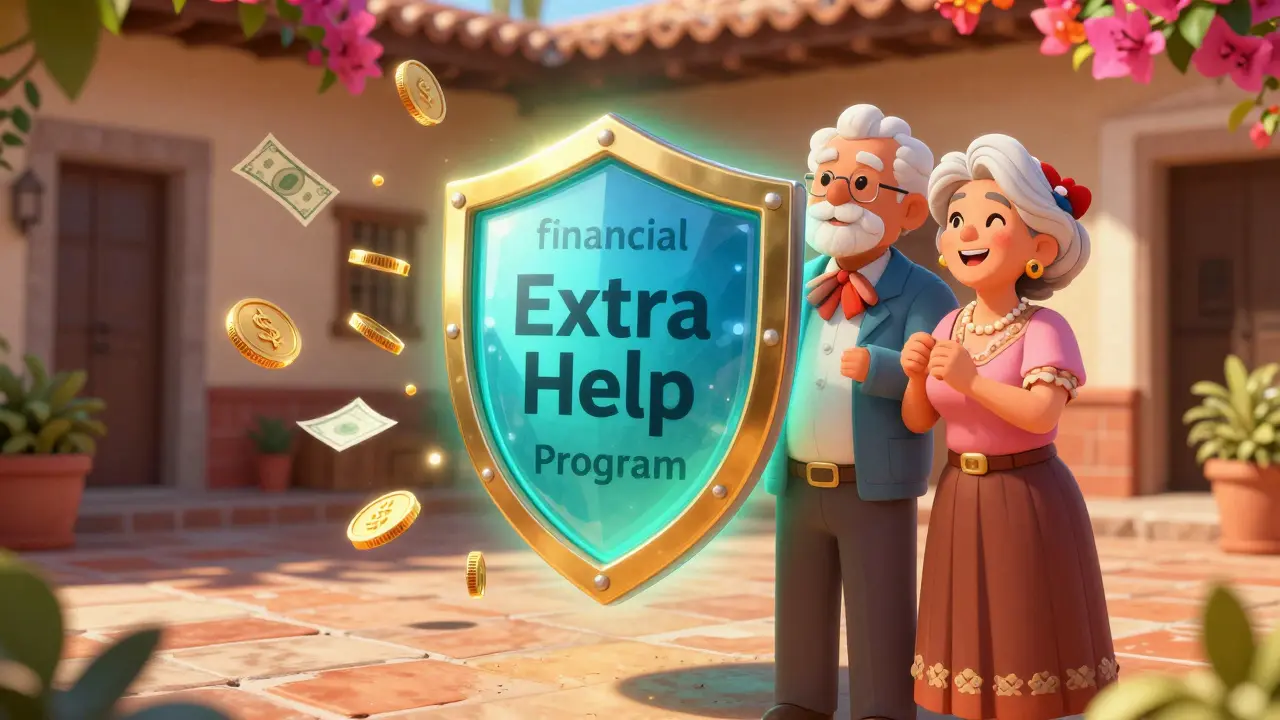Senior couple protected by a glowing financial shield in a sunny courtyard