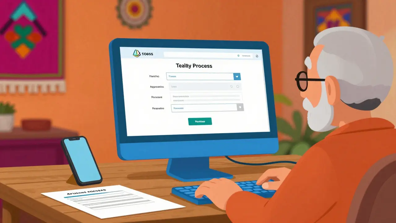 Senior person applying for Extra Help online in a cozy, decorated room